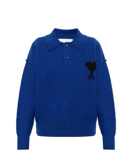 AMI Blue Wool Polo With Logo