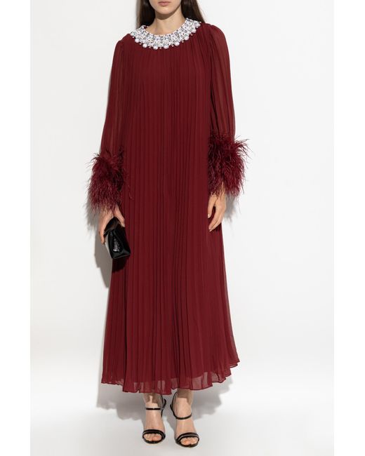 Self-Portrait Red Pleated Dress With Appliqués
