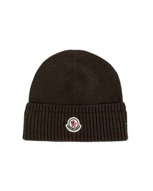 Moncler Black Wool Beanie With Logo Patch for men