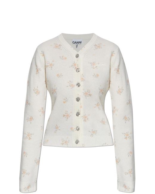 Ganni White Cardigan With Floral Motif