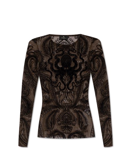 Etro Black Tulle Top With Flocked Pattern,
