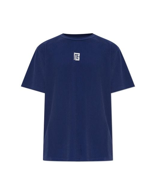 Balmain Blue T-Shirt With Embroidered Logo for men