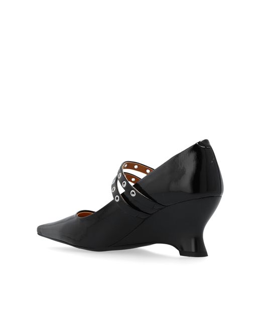 Ganni Black Patent Leather Wedge Shoes