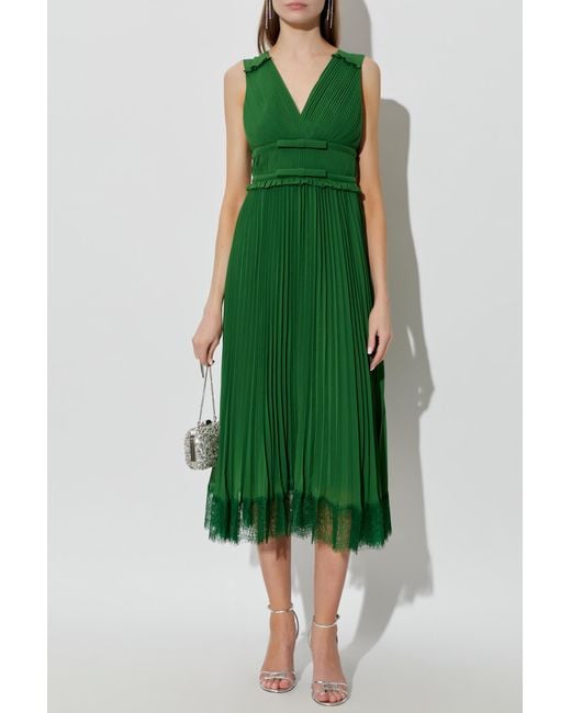 Self-Portrait Green Pleated Dress With Lace Trim