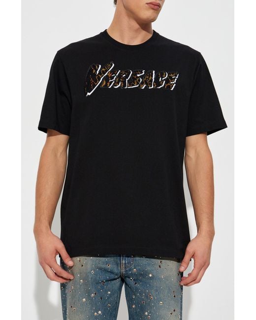 Versace Blue T-Shirt With Shimmering Sequins for men