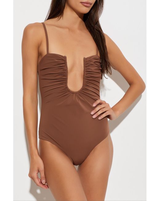 Christopher Esber Brown 'Arced Ruched' One-Piece Swimsuit