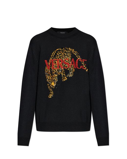 Versace Black Sweater With Shimmering Appliqués for men