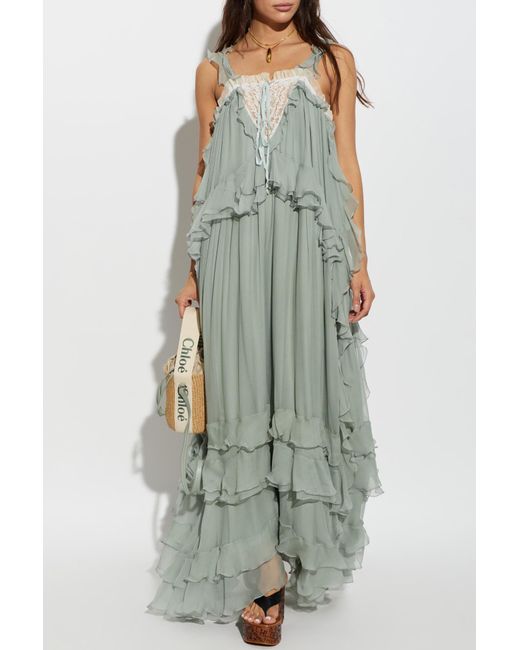 Chloé Green Silk Dress With Lace Trim