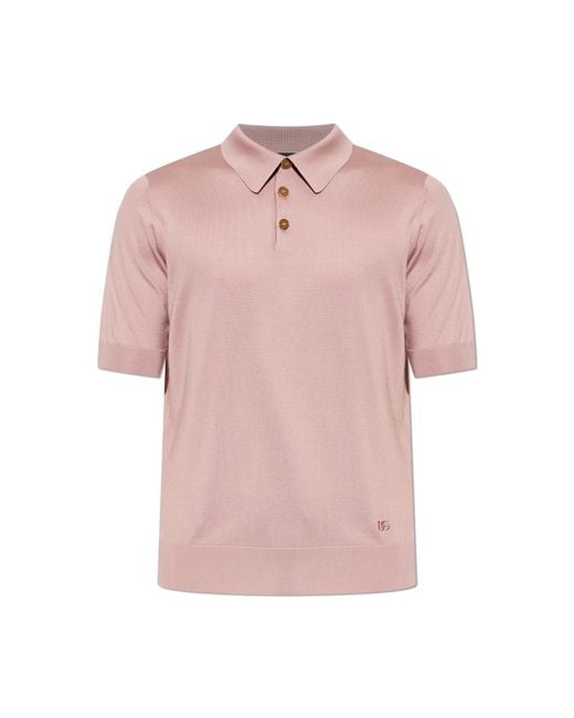 Dolce & Gabbana Pink Silk Polo Shirt With Embroidered Logo for men