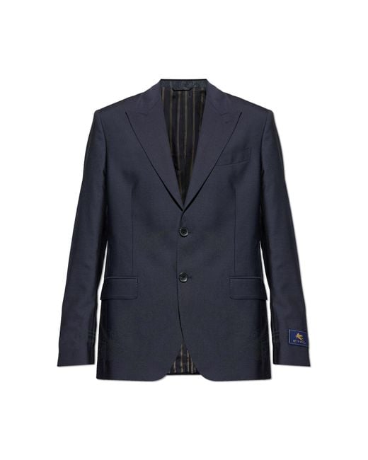 Etro Blue Wool Blazer With Single Vent for men