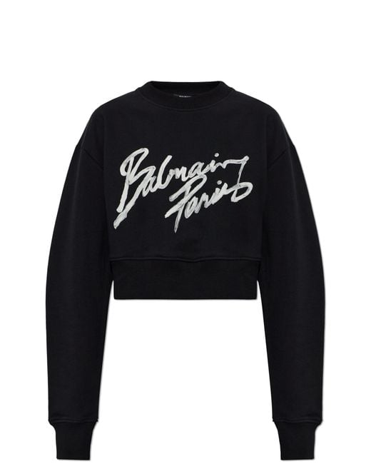 Balmain Black Cropped Sweatshirt With Printed Logo