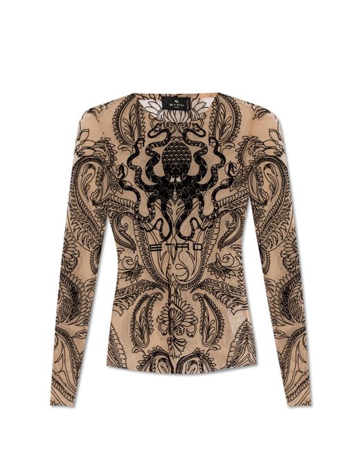 Etro Natural Tulle Top With Flocked Pattern,
