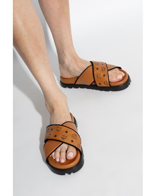 MCM Brown Slippers With Logo