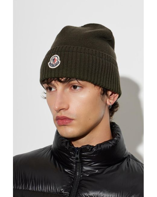 Moncler Black Wool Beanie With Logo Patch for men