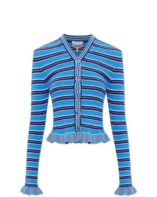 Ganni Blue Cardigan Finished With A Ruffle