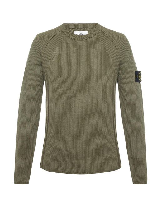 Stone Island Green Ribbed Sweater With Logo for men