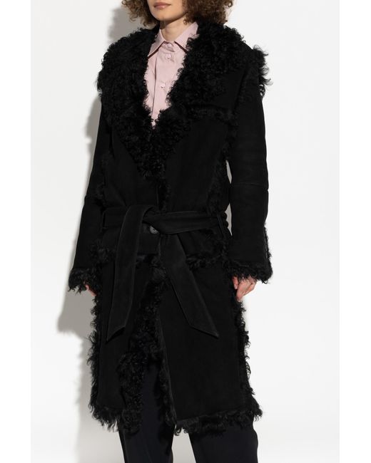 The Attico Black Shearling Coat Tied With A Belt