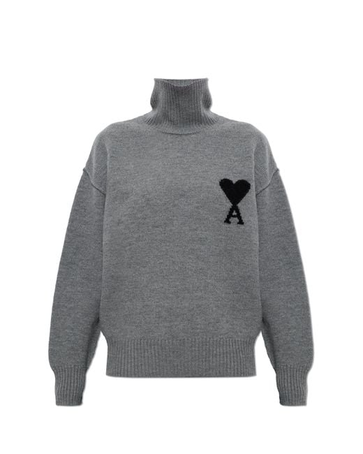 AMI Gray Wool Turtleneck With Logo