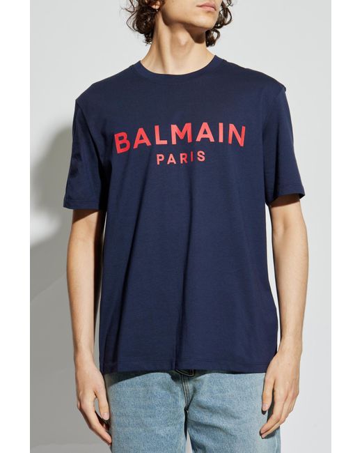 Balmain Blue T-Shirt With Printed Logo for men