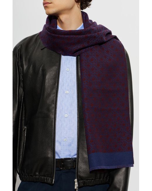 Ferragamo Blue Wool Scarf With Monogram for men