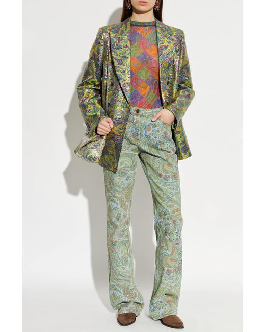 Etro Green Jeans With A Colorful Pattern
