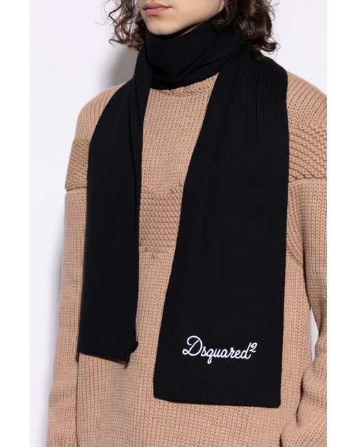 DSquared² Black Wool Scarf With Embroidered Logo for men