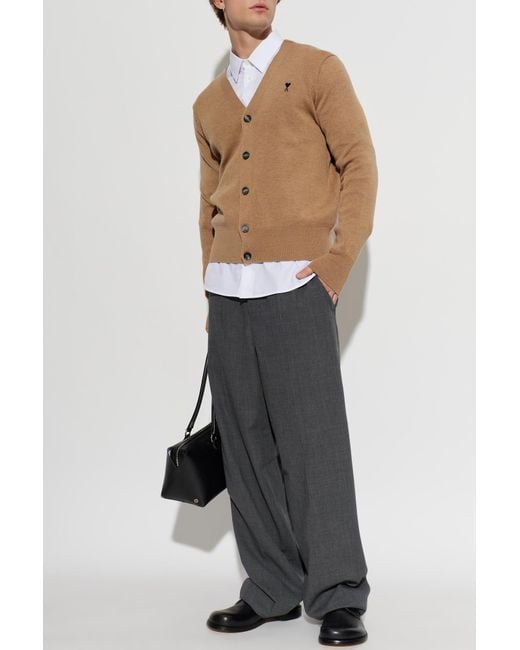 AMI Natural Wool Cardigan With Embroidered Logo for men
