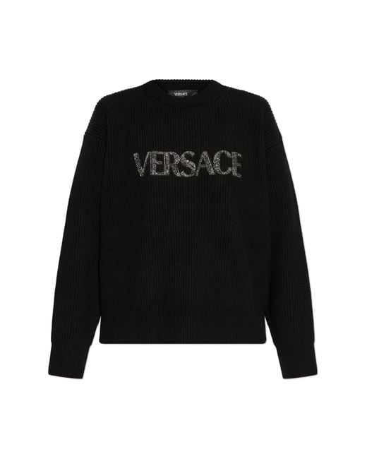Versace Black Sweater With Logo Finished With Shimmering Crystals