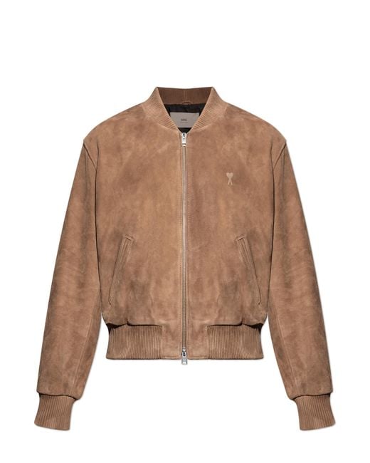 AMI Brown Suede Jacket With Embossed Logo for men