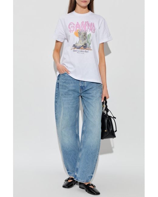 Ganni White T-Shirt With A Colorful Print