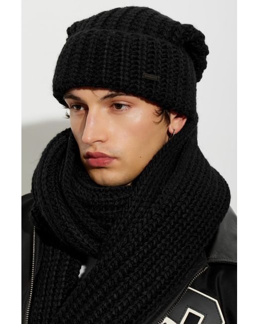DSquared² Black Wool Beanie With Sewn-On Logo for men