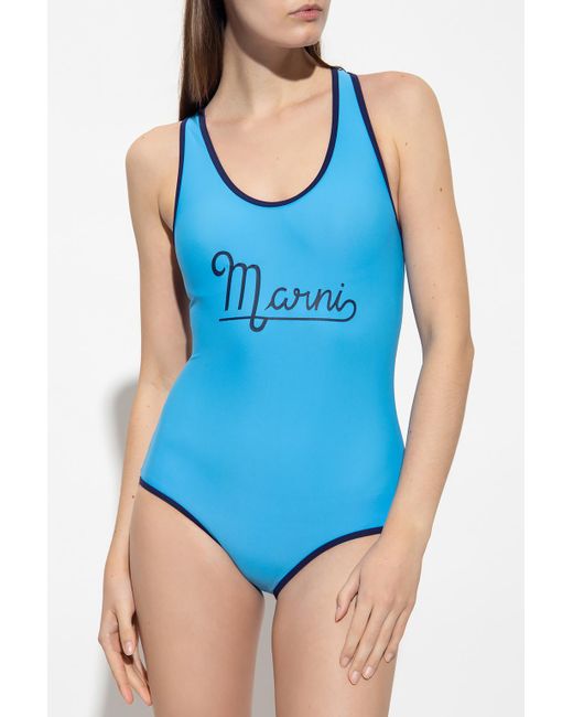 Marni Blue One-piece Swimsuit With Logo
