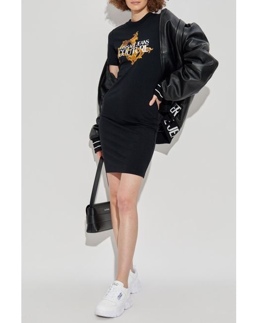 Versace Jeans Couture Black Dress With Print And Shimmering Appliqués