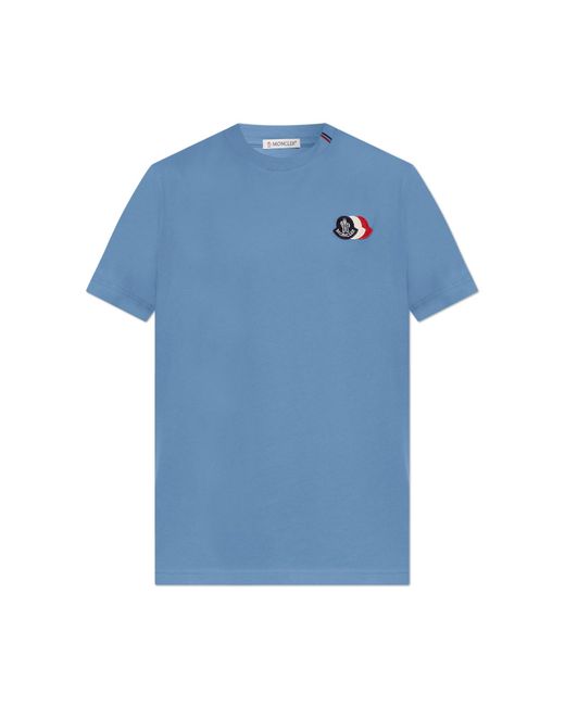 Moncler Blue T-Shirt With Logo Patch for men