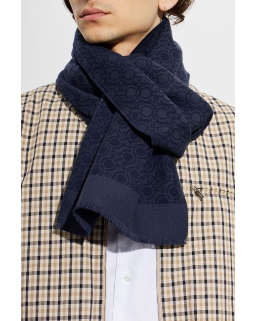 Ferragamo Blue Wool Scarf With Monogram for men