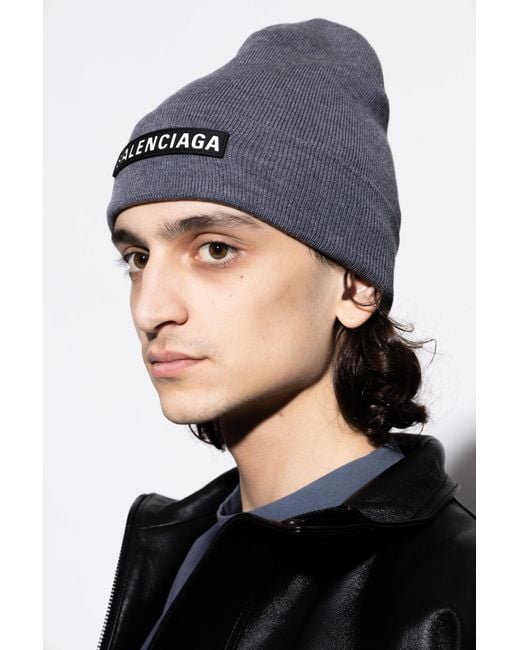 Balenciaga Blue Wool Beanie With Logo Patch for men