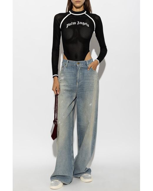 Palm Angels Black Bodysuit With Printed Logo