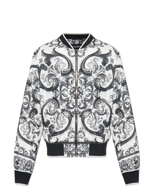 Dolce & Gabbana White Bomber Jacket With "Majolica" Print for men