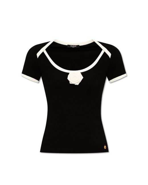 Balmain Black T-shirt With Rose Appliqué,