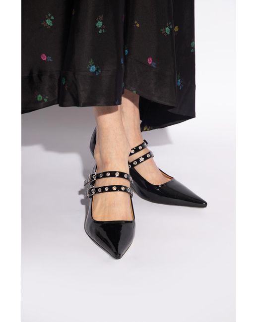 Ganni Black Patent Leather Wedge Shoes
