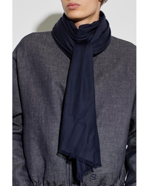 Ferragamo Blue Cashmere Scarf With Embroidered Logo for men