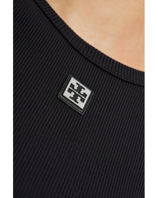Tory Burch Black Ribbed Top With Logo Patch