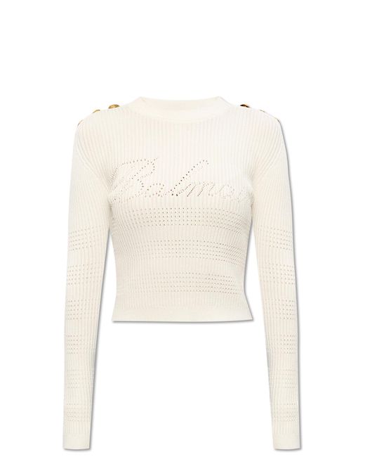 Balmain White Ribbed Sweater With Logo,