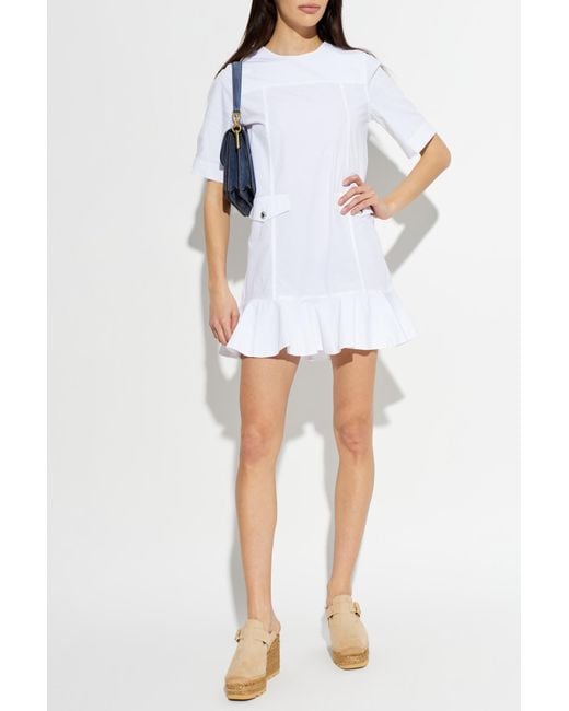 Ganni White Dress With A Ruffle