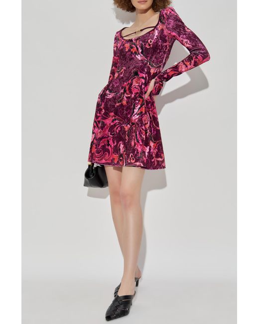 Versace Jeans Couture Red Velvet Dress With Long Sleeves