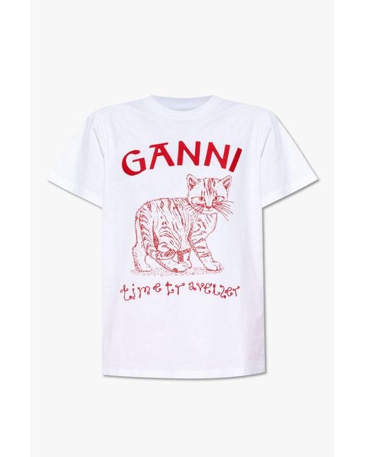 Ganni T-shirt With Cat Motif in White | Lyst