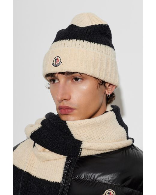 Moncler Black Wool Beanie With Logo Patch for men