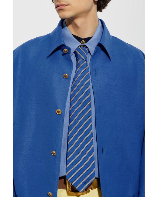 Versace Blue Silk Tie With Greek Pattern for men