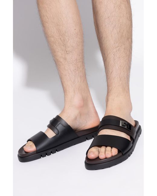 Ferragamo Black Leather Slides for men