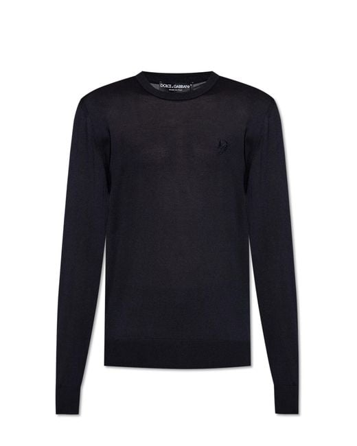 Dolce & Gabbana Blue Silk Sweater With Embroidered Logo for men